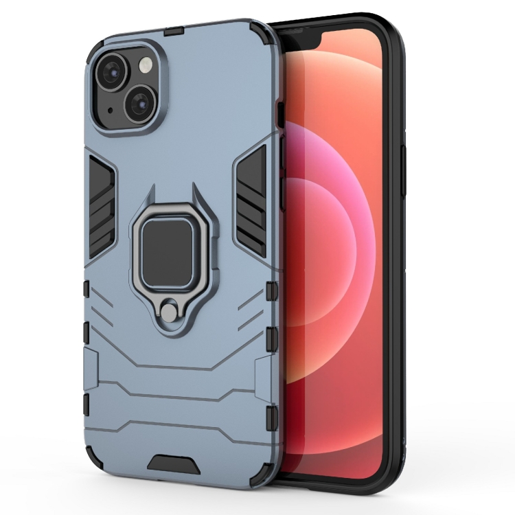 

For iPhone 15 Plus Shockproof PC + TPU Holder Phone Case(Navy Blue)