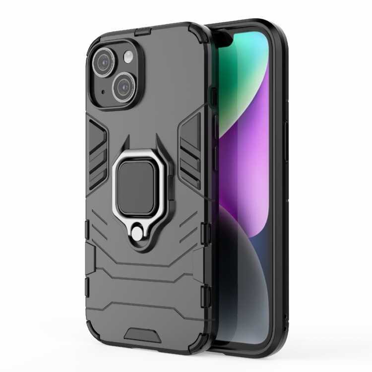 

For iPhone 15 Shockproof PC + TPU Holder Phone Case(Black)