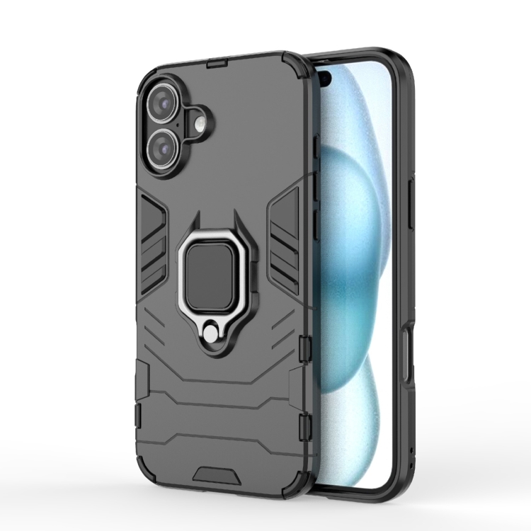

For iPhone 16 Plus Shockproof PC + TPU Holder Phone Case(Black)