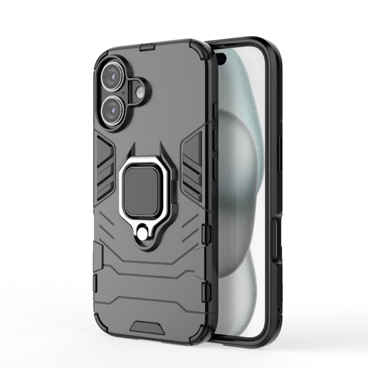 

For iPhone 16 Shockproof PC + TPU Holder Phone Case(Black)