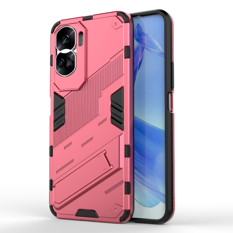 

For Honor 90 Lite 5G Global Punk Armor 2 in 1 PC + TPU Phone Case with Holder(Light Red)