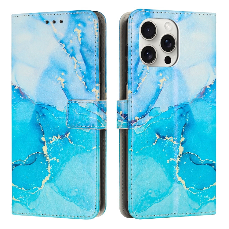 

For iPhone 16 Pro Painted Marble Pattern Leather Phone Case(Blue Green)