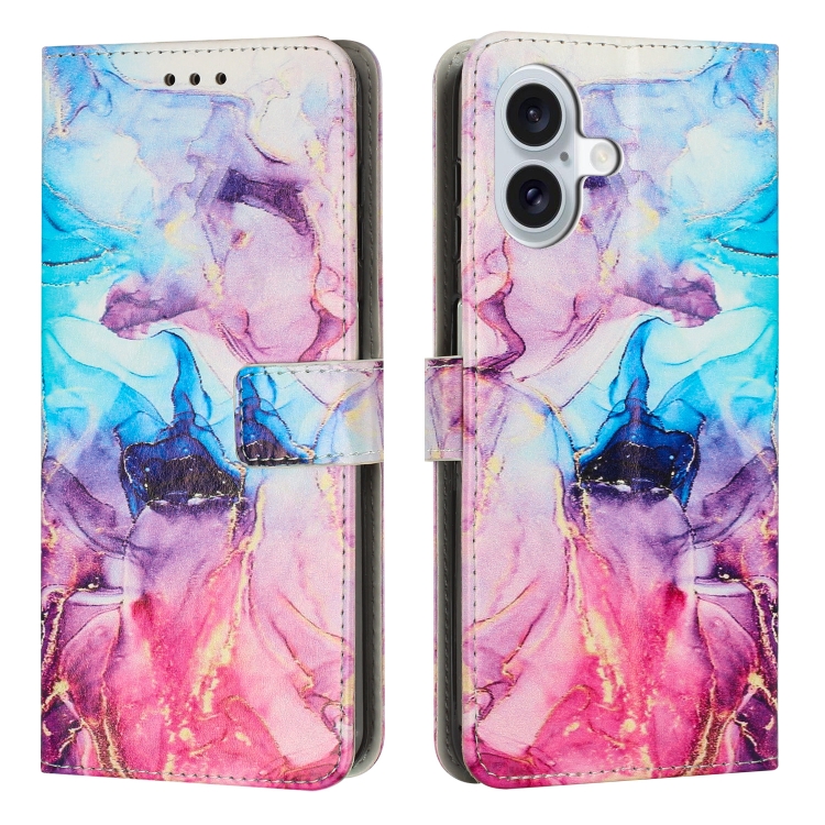 

For iPhone 16 Plus Painted Marble Pattern Leather Phone Case(Pink Purple)