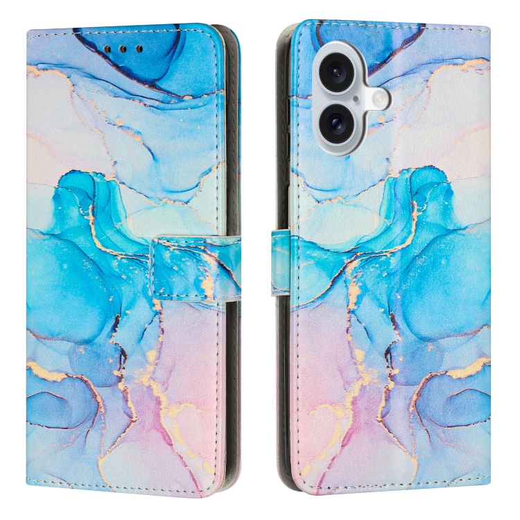 

For iPhone 16 Plus Painted Marble Pattern Leather Phone Case(Pink Green)