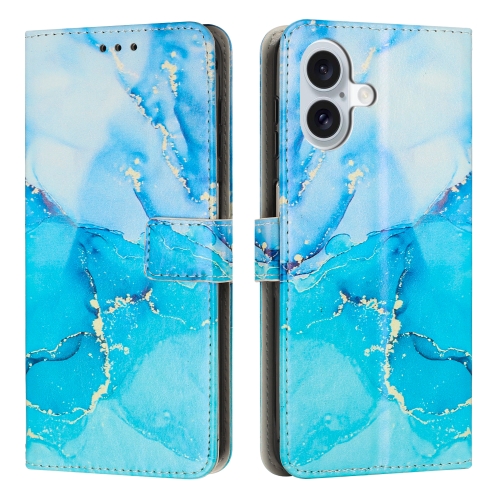 

For iPhone 16 Painted Marble Pattern Leather Phone Case(Blue Green)