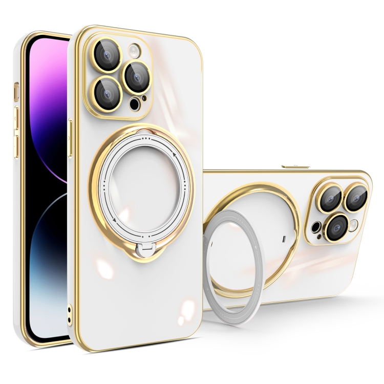 

For iPhone 15 Pro Max Multifunction Electroplating MagSafe Holder Phone Case(White)