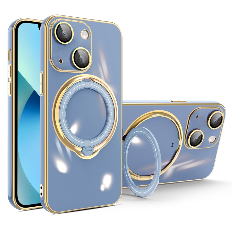 

For iPhone 13 Multifunction Electroplating MagSafe Holder Phone Case(Blue)