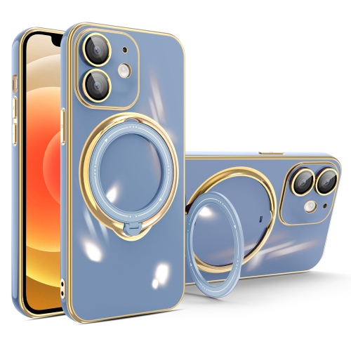 

For iPhone 12 Multifunction Electroplating MagSafe Holder Phone Case(Blue)