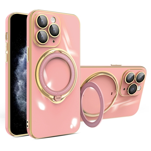 For iPhone 11 Pro Max Multifunction Electroplating MagSafe Holder Phone Case(Pink) bobo bird mens watches leaf dial design wooden quartz watch casual wristwatch for men support personalized drop shipping