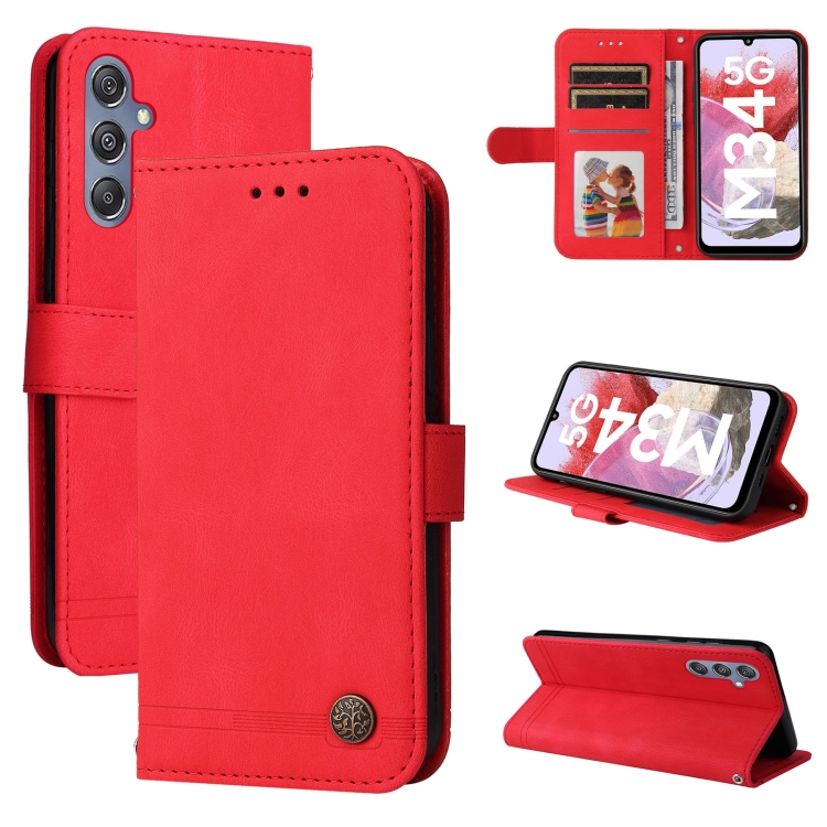 

For Samsung Galaxy M34 5G Skin Feel Life Tree Metal Button Leather Phone Case(Red)