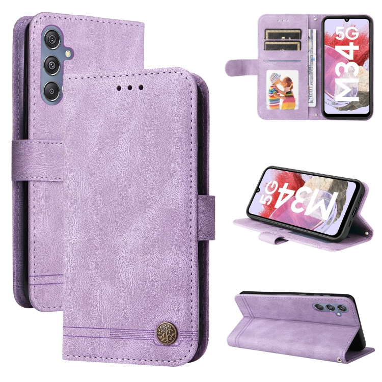

For Samsung Galaxy M34 5G Skin Feel Life Tree Metal Button Leather Phone Case(Purple)