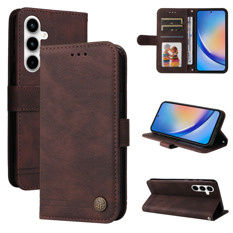 

For Samsung Galaxy A35 Skin Feel Life Tree Metal Button Leather Phone Case(Brown)