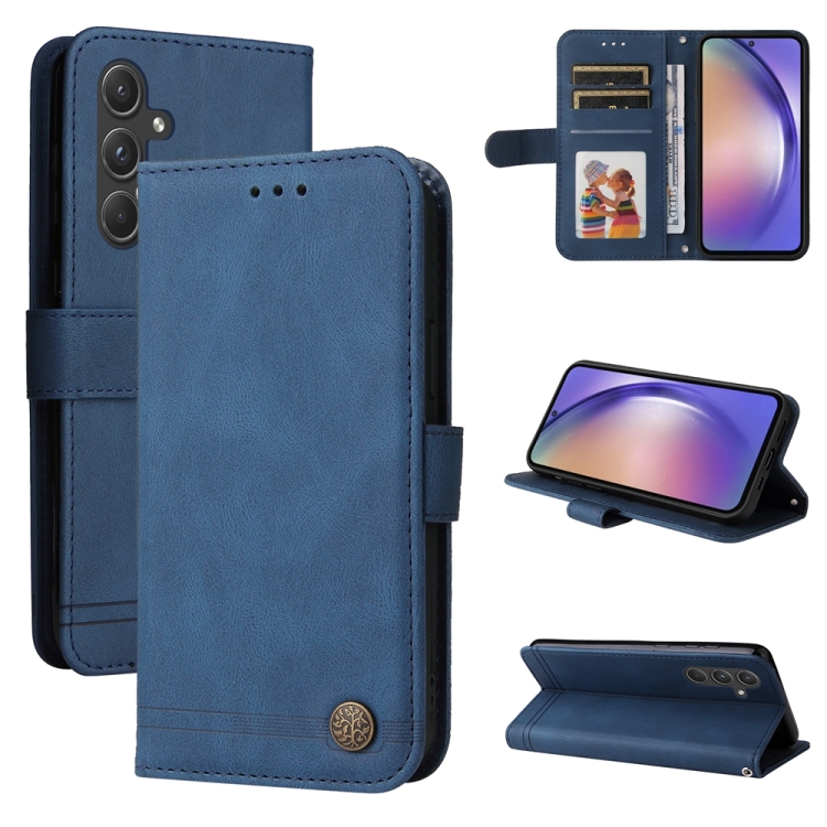 

For Samsung Galaxy A55 Skin Feel Life Tree Metal Button Leather Phone Case(Blue)