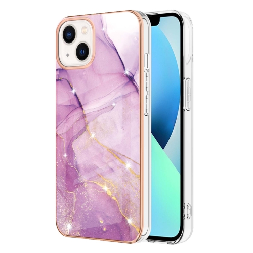 

For iPhone 15 Electroplating Marble Pattern Dual-side IMD TPU Shockproof Phone Case (Purple 001)