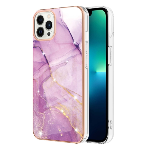 

For iPhone 16 Pro Max Electroplating Marble Pattern Dual-side IMD TPU Shockproof Phone Case (Purple 001)