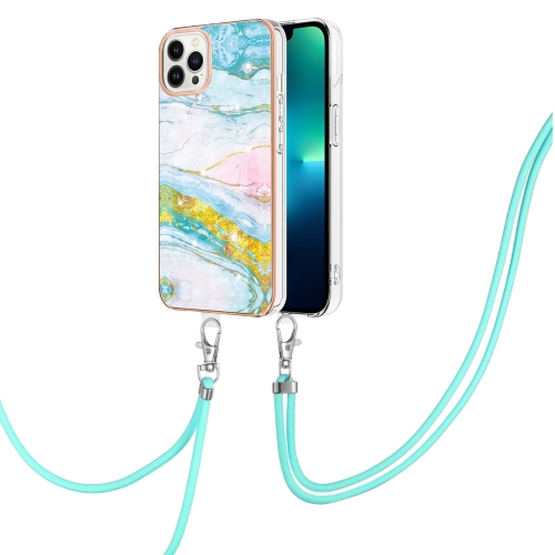 

For iPhone 15 Pro Electroplating Marble Pattern IMD TPU Shockproof Case with Neck Lanyard(Green 004)