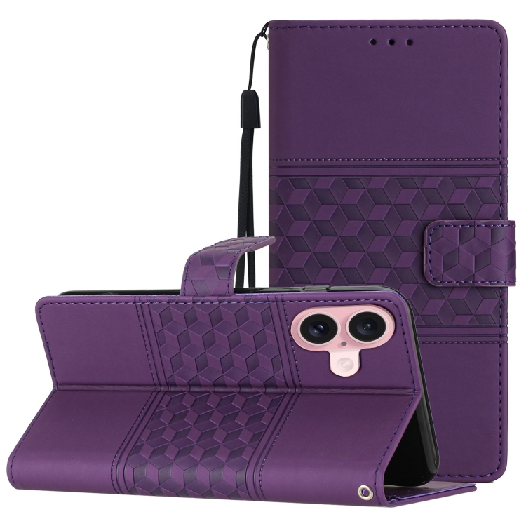 

For iPhone 16 Plus Diamond Embossed Skin Feel Leather Phone Case(Purple)