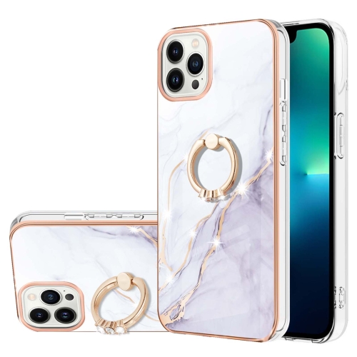 

For iPhone 15 Pro Max Electroplating Marble Pattern IMD TPU Shockproof Case with Ring Holder(White 006)