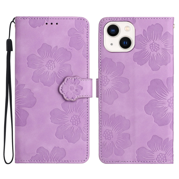 

For iPhone 15 Plus Flower Embossing Pattern Leather Phone Case(Purple)