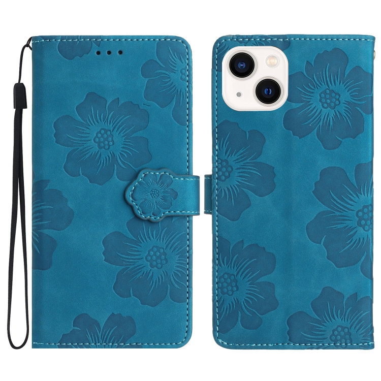 

For iPhone 15 Flower Embossing Pattern Leather Phone Case(Blue)