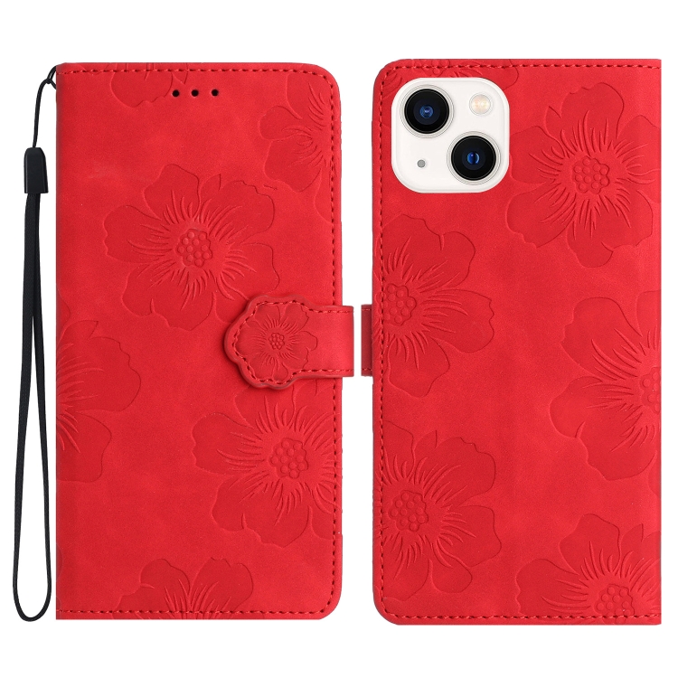 

For iPhone 15 Flower Embossing Pattern Leather Phone Case(Red)