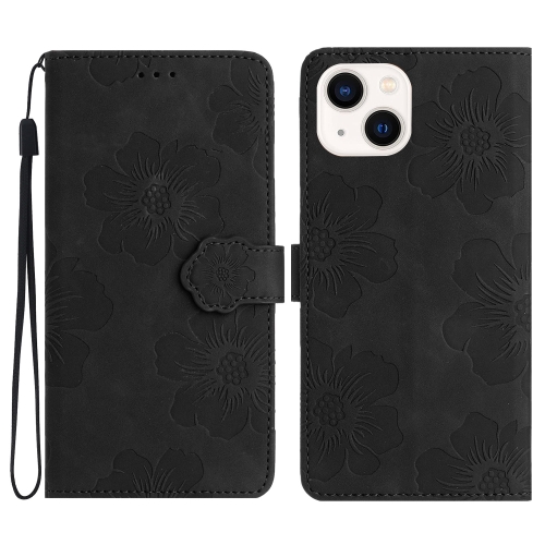 

For iPhone 15 Flower Embossing Pattern Leather Phone Case(Black)