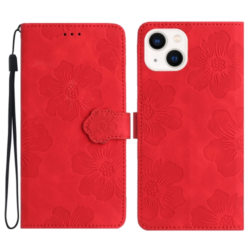 

For iPhone 14 Plus Flower Embossing Pattern Leather Phone Case(Red)