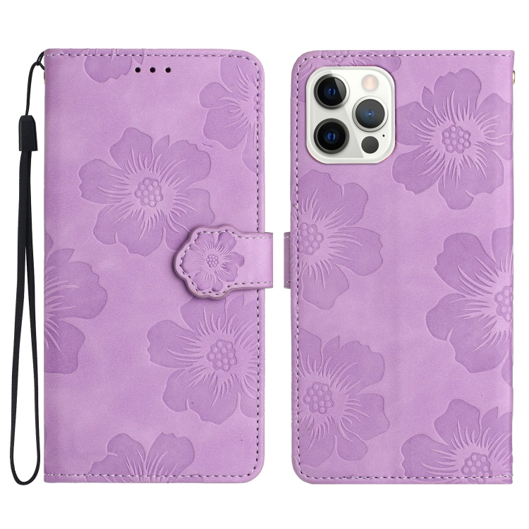 

For iPhone 14 Pro Max Flower Embossing Pattern Leather Phone Case(Purple)