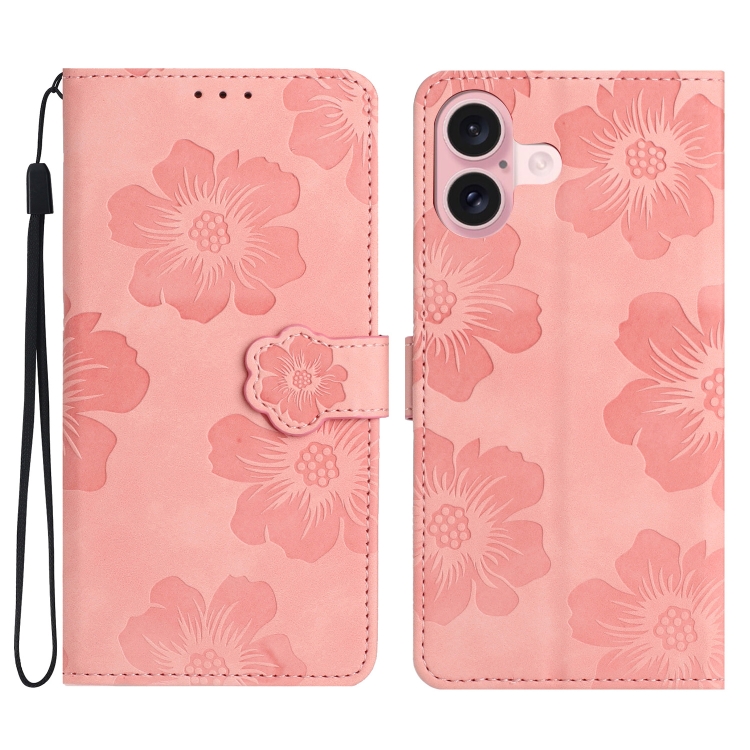 

For iPhone 16 Flower Embossing Pattern Leather Phone Case(Pink)