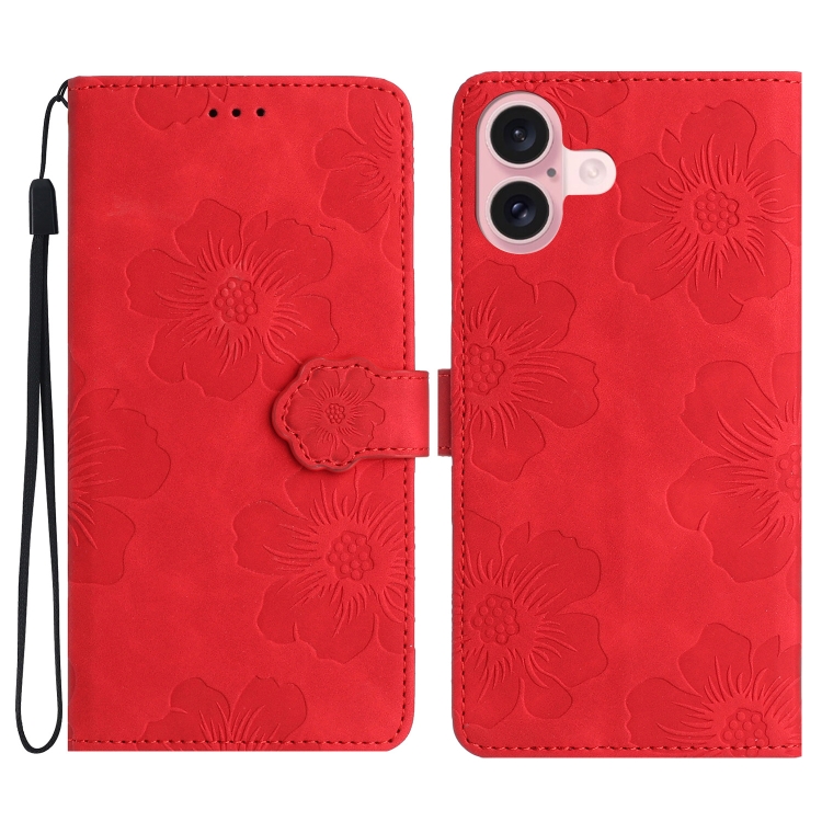 

For iPhone 16 Flower Embossing Pattern Leather Phone Case(Red)