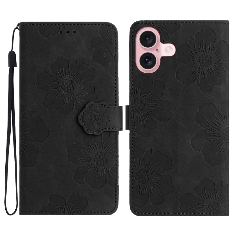 

For iPhone 16 Flower Embossing Pattern Leather Phone Case(Black)