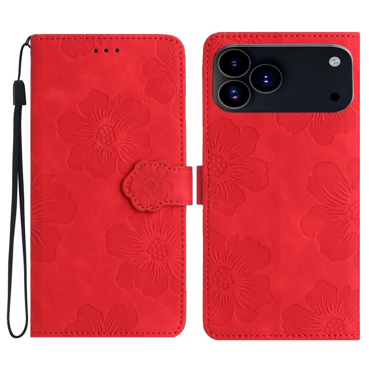 

For iPhone 17 Pro Flower Embossing Pattern Leather Phone Case(Red)