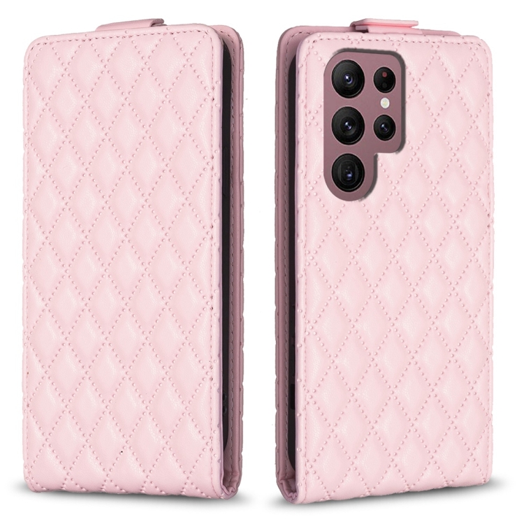 

For Samsung Galaxy S22 Ultra 5G Diamond Lattice Vertical Flip Leather Phone Case(Pink)