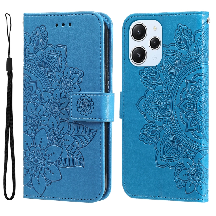 

For Xiaomi Redmi 12 4G 7-petal Flowers Embossing Leather Phone Case(Blue)