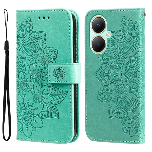 

For vivo Y35+ 7-petal Flowers Embossing Leather Phone Case(Green)