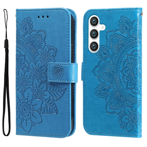 

For Samsung Galaxy S23 FE 5G 7-petal Flowers Embossing Leather Phone Case(Blue)