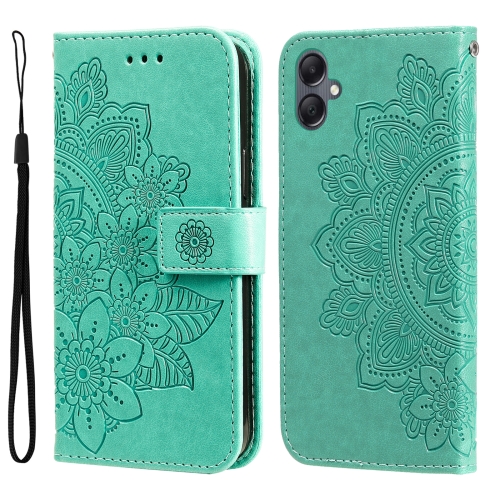 

For Samsung Galaxy A05 7-petal Flowers Embossing Leather Phone Case(Green)