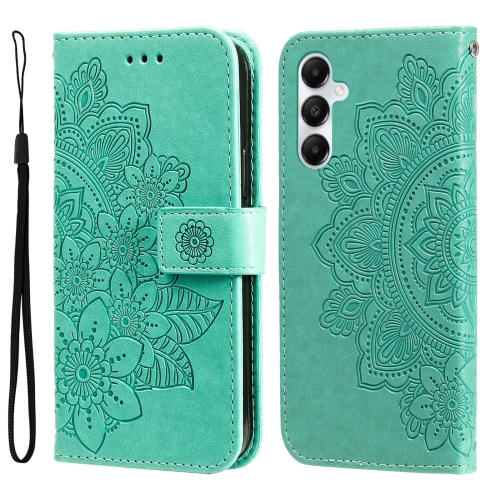 

For Samsung Galaxy A05s 7-petal Flowers Embossing Leather Phone Case(Green)