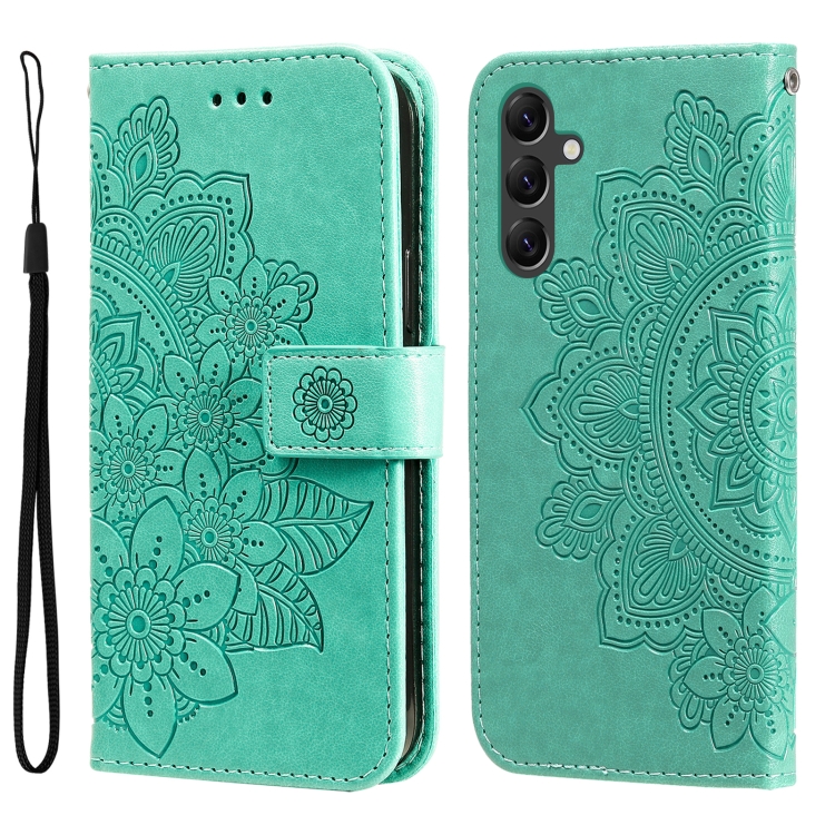 

For Samsung Galaxy A15 7-petal Flowers Embossing Leather Phone Case(Green)
