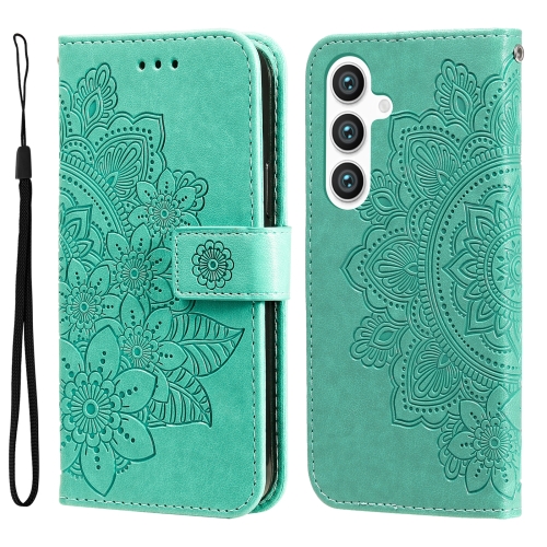 

For Samsung Galaxy S24 7-petal Flowers Embossing Leather Phone Case(Green)