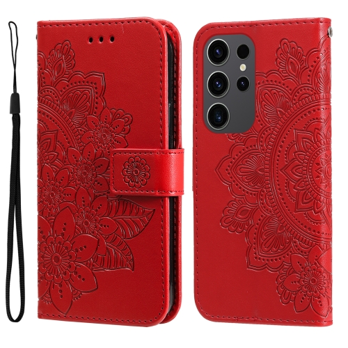 

For Samsung Galaxy S24 Ultra 7-petal Flowers Embossing Leather Phone Case(Red)