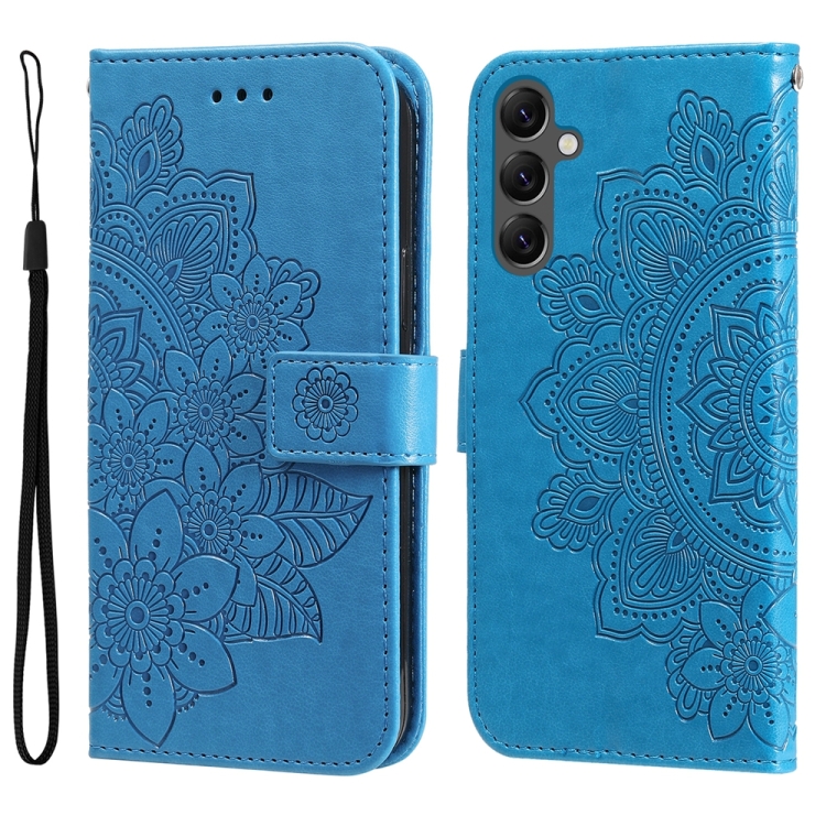 

For Samsung Galaxy A25 5G Global 7-petal Flowers Embossing Leather Phone Case(Blue)