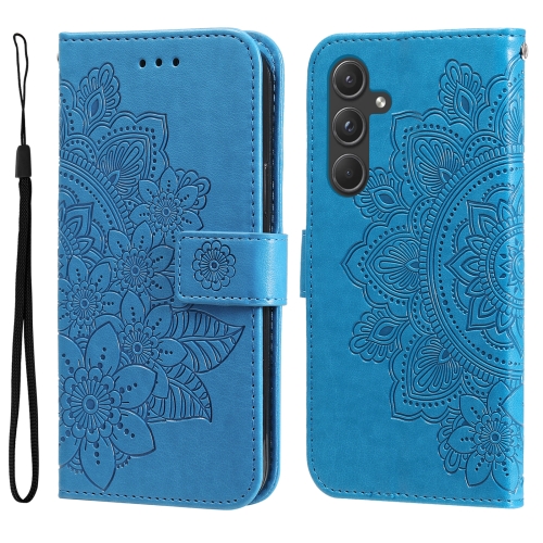 

For Samsung Galaxy A55 7-petal Flowers Embossing Leather Phone Case(Blue)