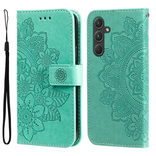 

For Samsung Galaxy A55 7-petal Flowers Embossing Leather Phone Case(Green)