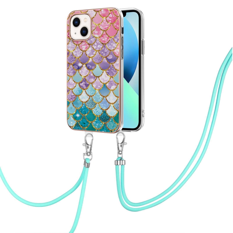 

For iPhone 15 Electroplating Pattern IMD TPU Shockproof Case with Neck Lanyard(Colorful Scales)