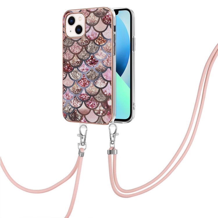 

For iPhone 15 Plus Electroplating Pattern IMD TPU Shockproof Case with Neck Lanyard(Pink Scales)