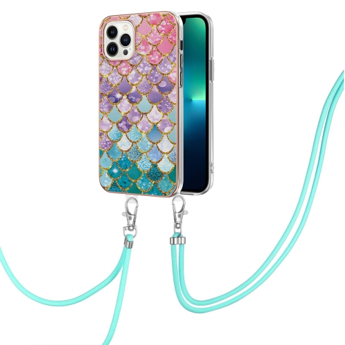 

For iPhone 15 Pro Electroplating Pattern IMD TPU Shockproof Case with Neck Lanyard(Colorful Scales)