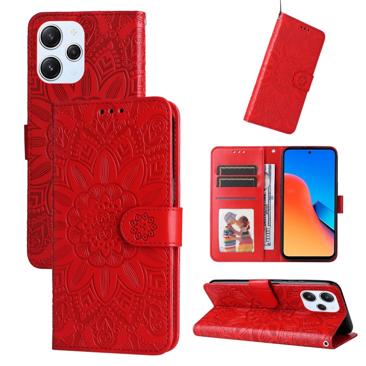 

For Xiaomi Redmi 12 4G Embossed Sunflower Leather Phone Case(Red)