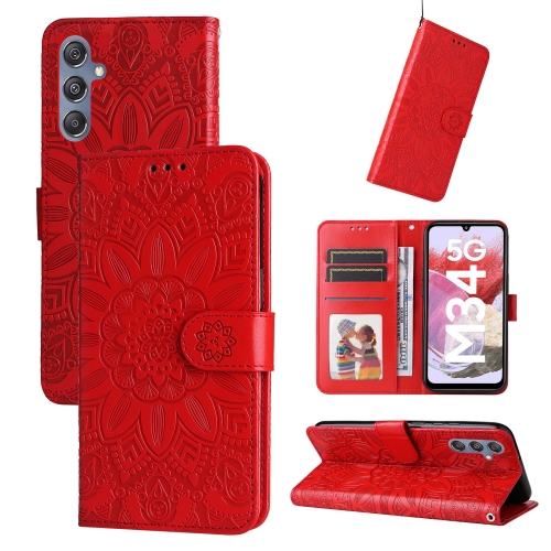 

For Samsung Galaxy M34 5G Embossed Sunflower Leather Phone Case(Red)