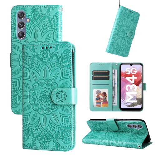 For Samsung Galaxy M34 5G Embossed Sunflower Leather Phone Case(Green)